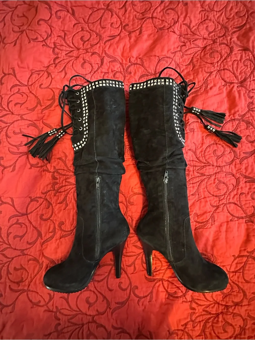 Saks Fifth Avenue Black Suede Over-the-Knee Studded Lace-Up Boots